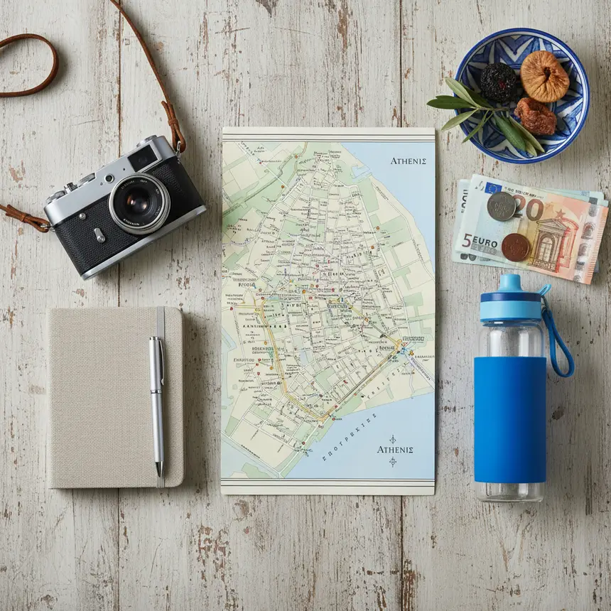 Athens travel essentials, flat lay, trip planning