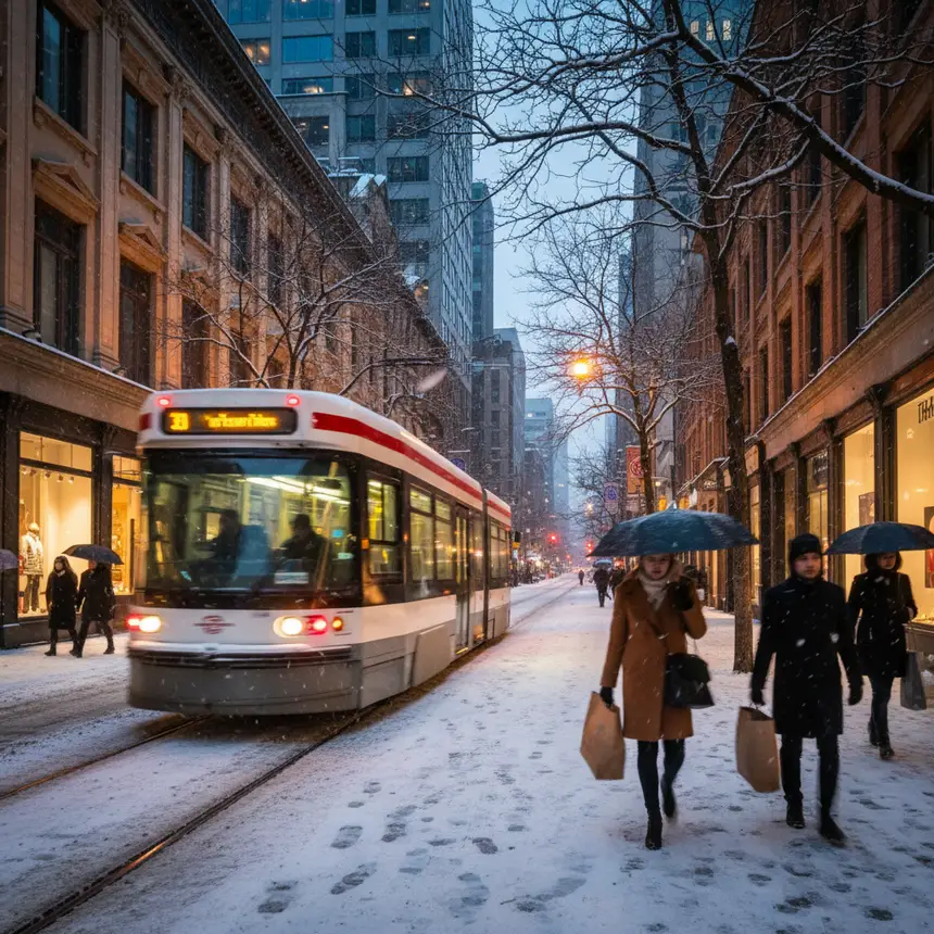Toronto public transport, snowy downtown, streetcar