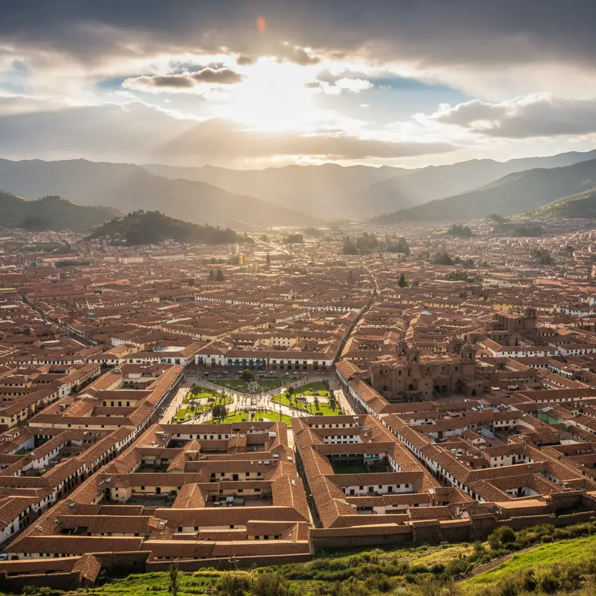 Panoramic view of Cusco city from above, sunset