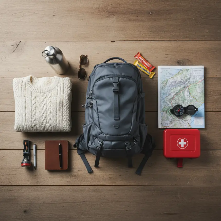 Travel essentials for high-altitude trip, flat lay