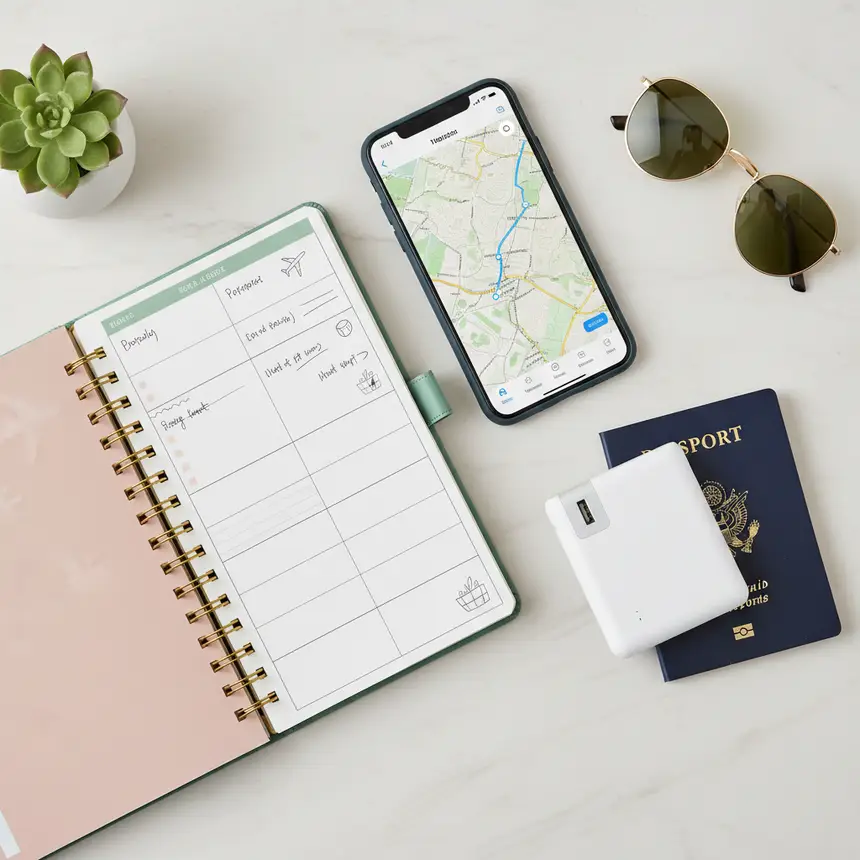 Travel planning flat lay with smartphone