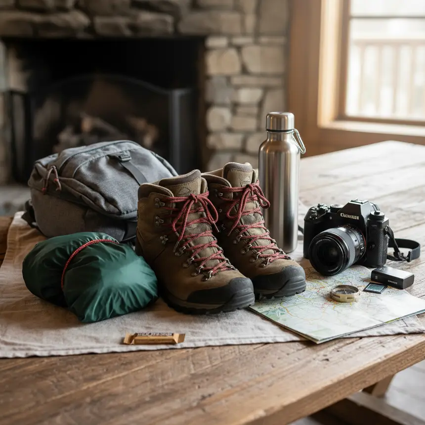Essential mountain travel items flat lay