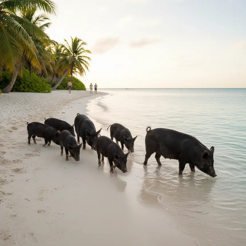 Pigs on island beach