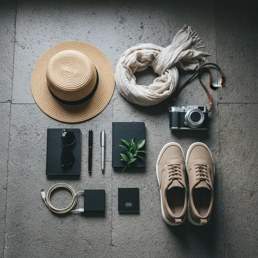 Travel essentials flat lay