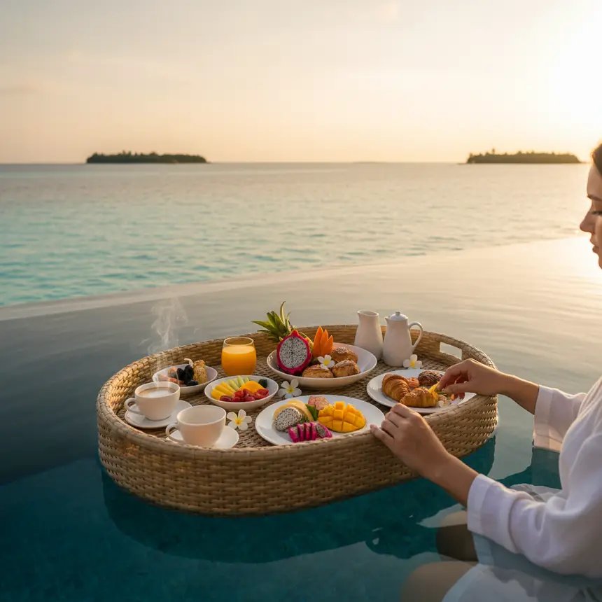 Floating breakfast, luxury dining, Maldives accommodation