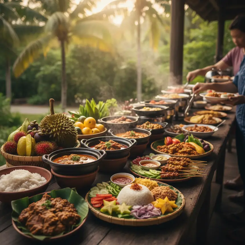 Close-up of a traditional buffet spread with local Malaysian dishes and fresh tropical fruits in an outdoor setting.