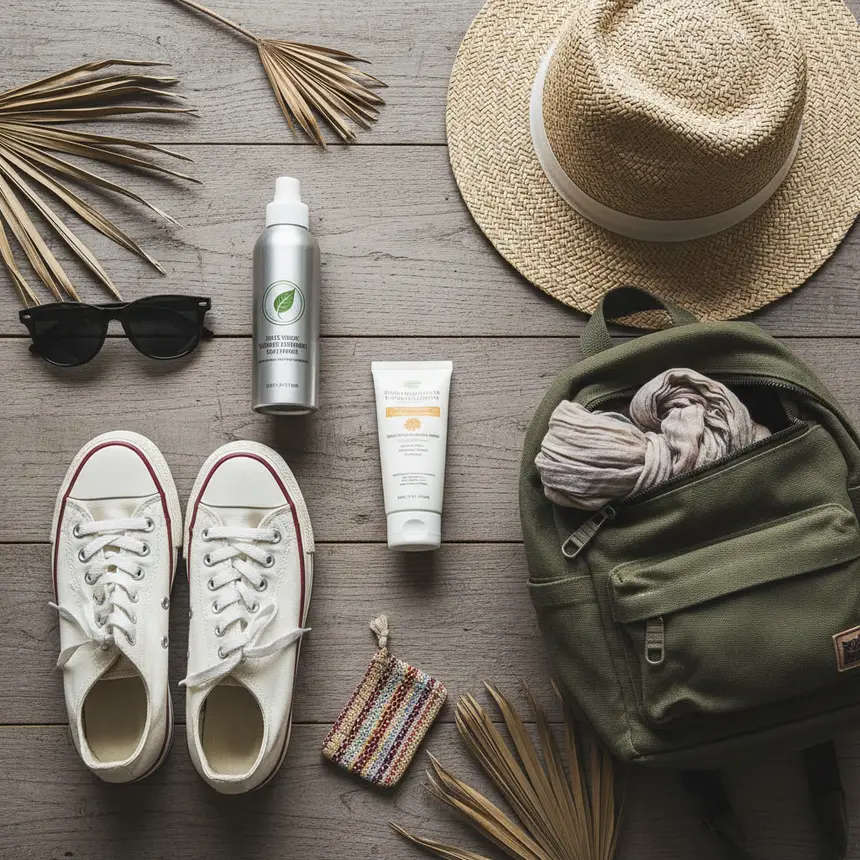 Flat lay of travel essentials: walking shoes, insect repellent, sunscreen, sunglasses, and a hat, for a cultural tour.