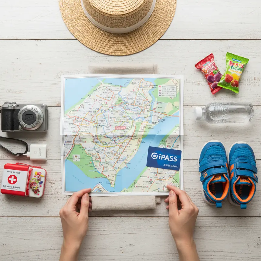 Family travel flat lay items