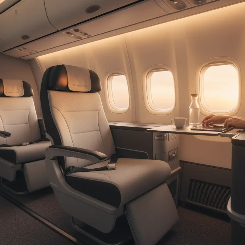 Airplane seat, cabin interior, travel preparations