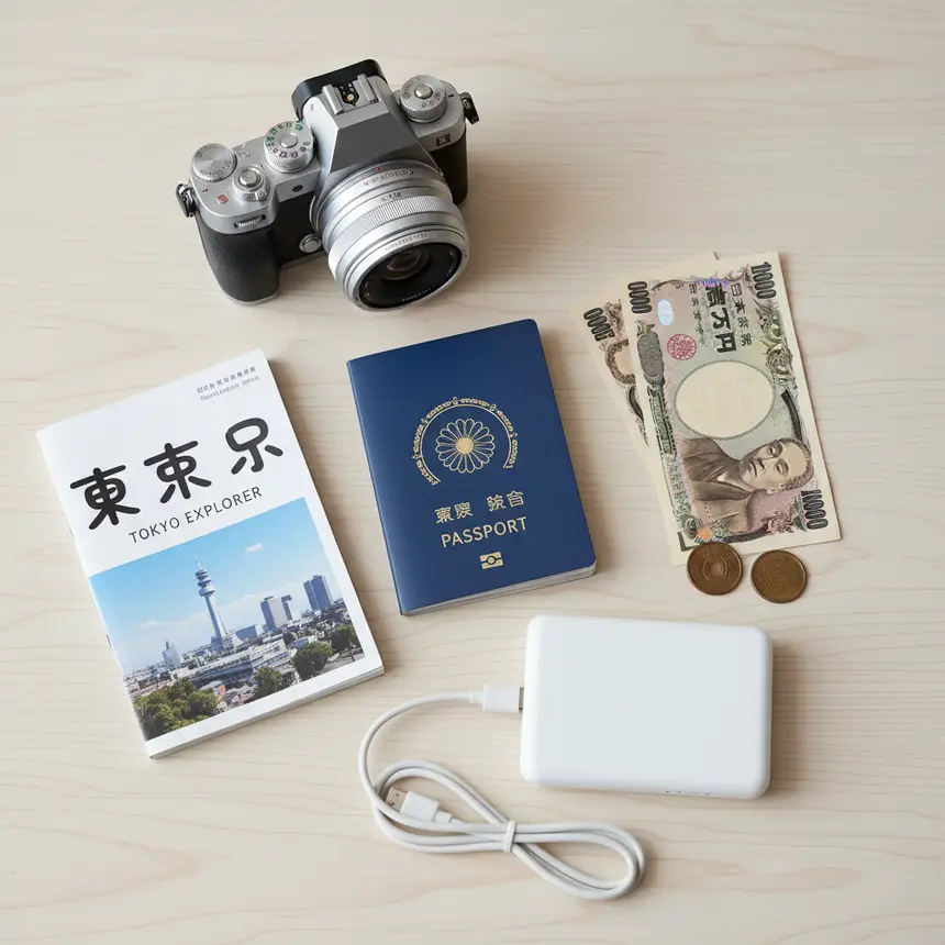 Travel essentials, Japanese Yen, passport