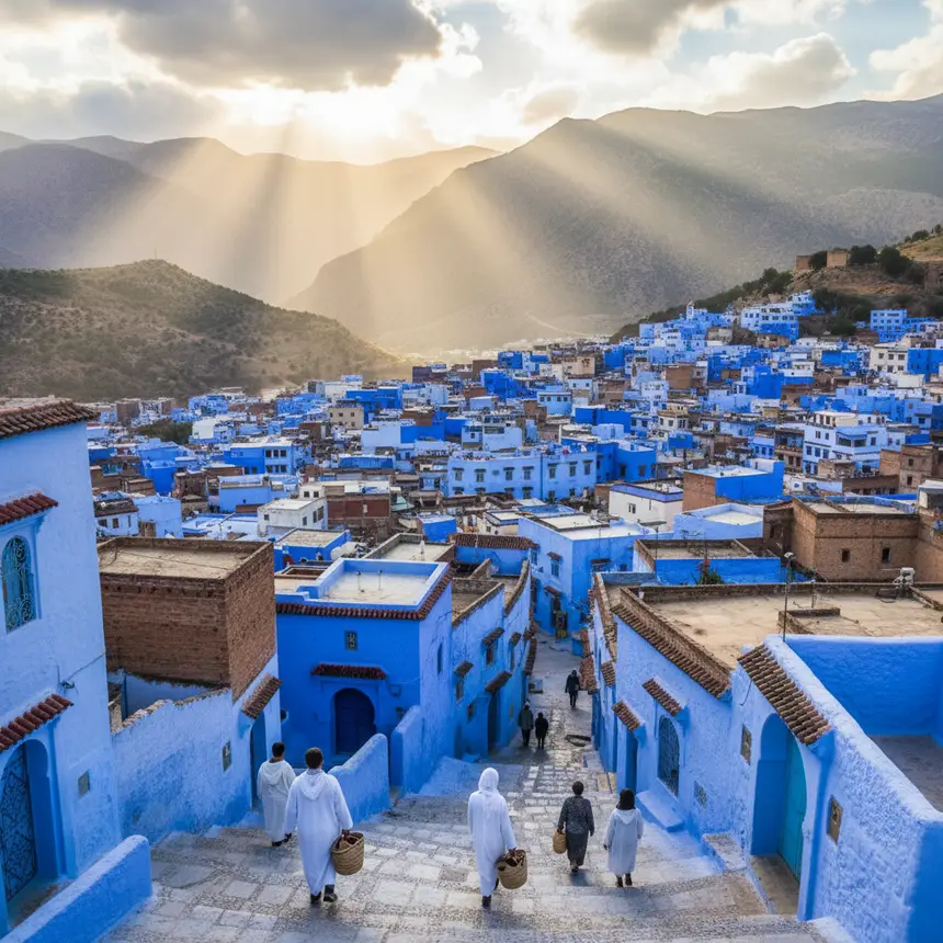Chefchaouen panoramic view, blue city, Moroccan mountain village