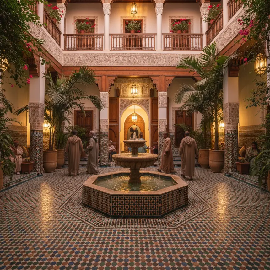 Traditional Moroccan Riad, courtyard garden, Zellige tiles