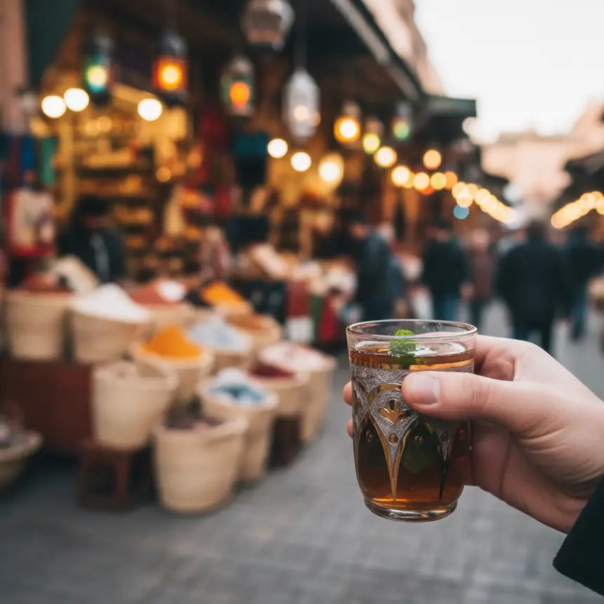 Moroccan mint tea, local market background, travel atmosphere