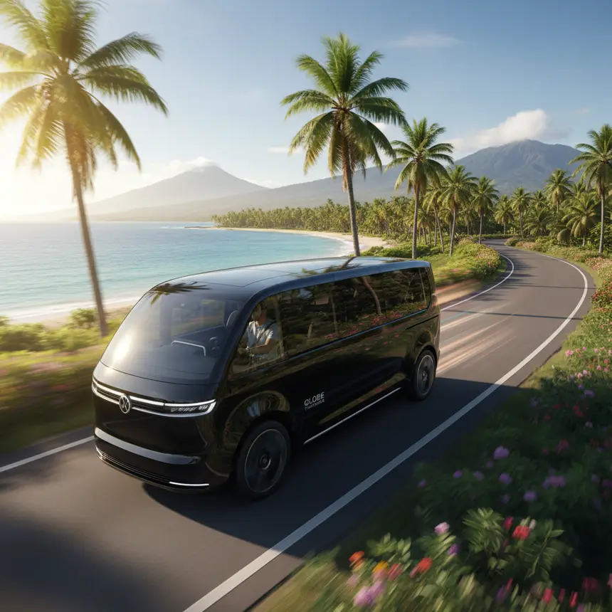 Airport transfer vehicle tropical road