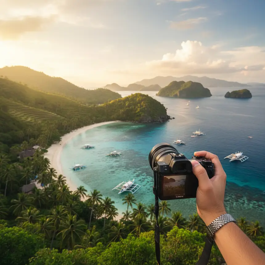 Hand holding camera Philippines island view