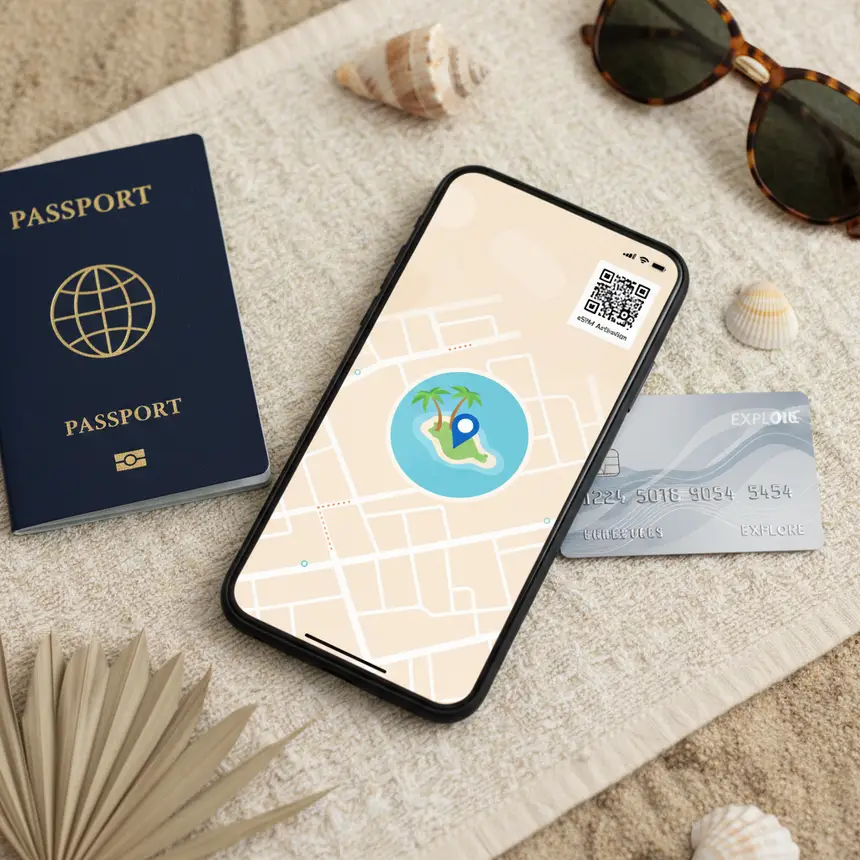 Smartphone eSIM QR code and travel essentials
