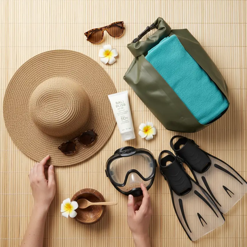 Bali travel essentials flat lay